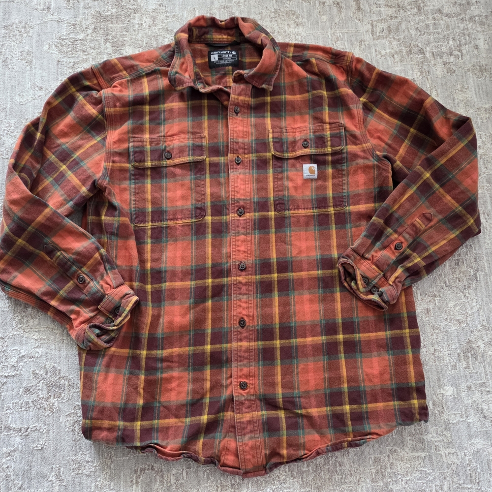 Carhartt Loose Fit Flannel Shirt L Orange Red Plaid